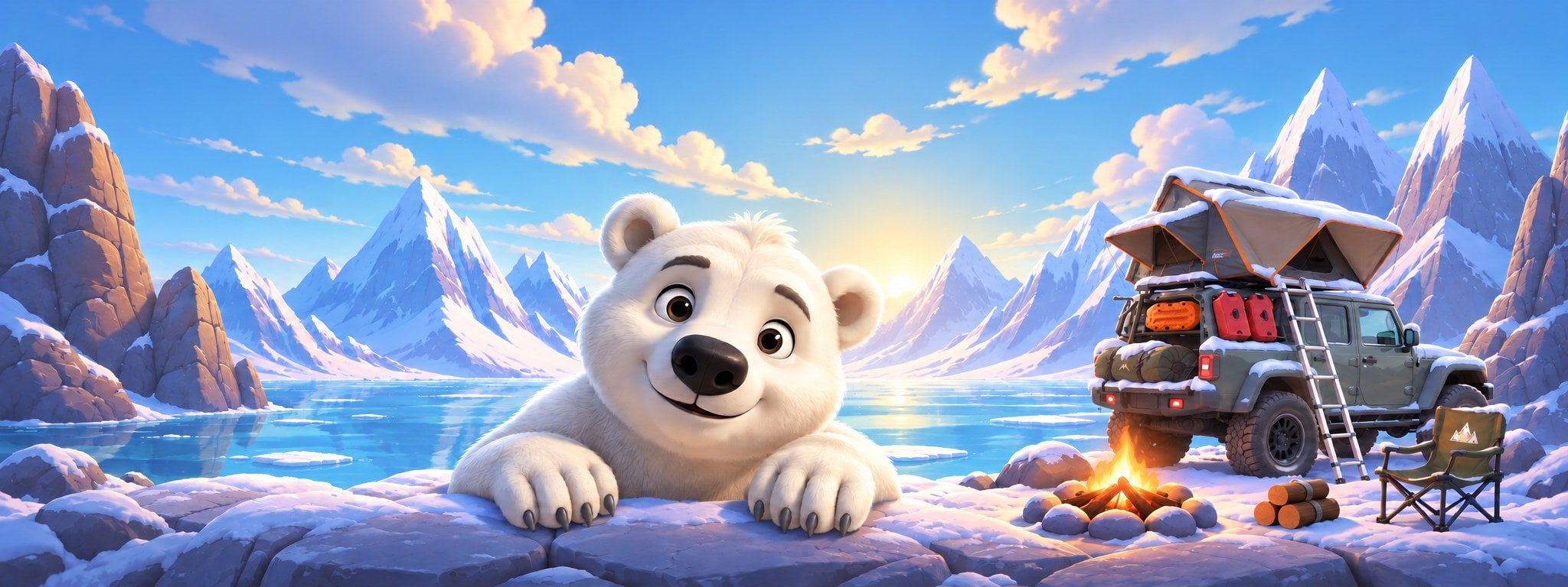 A polar bear resting on a snowy ledge beside an overland rig with a rooftop tent and a campfire